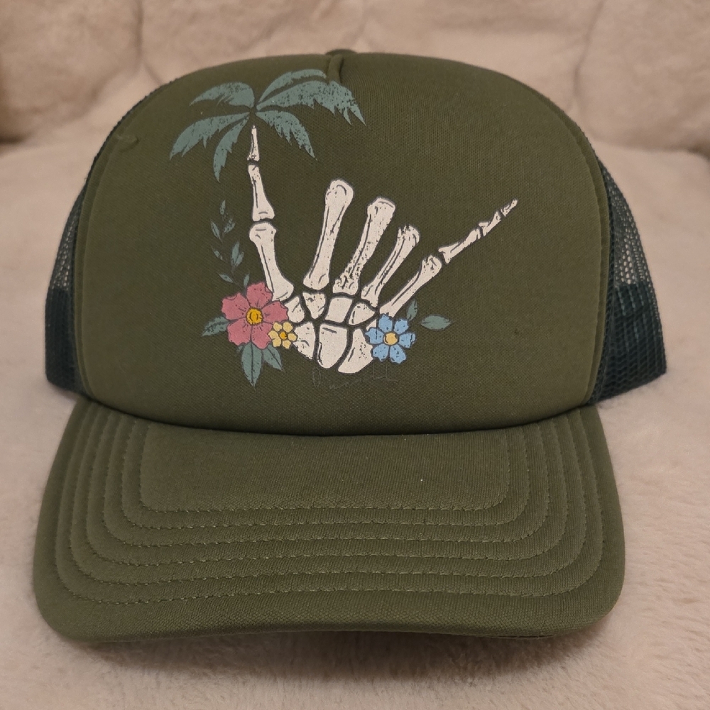 O'Neill Green Trucker Hat with Floral Skeleton Design